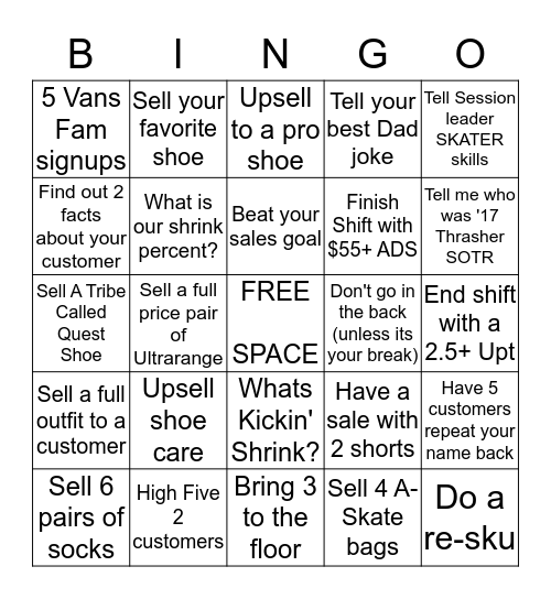 Vans Bingo! Bingo Card