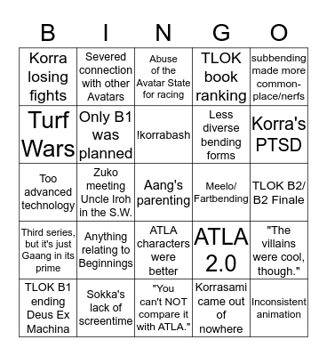 The Legend of Korra criticism Bingo Card