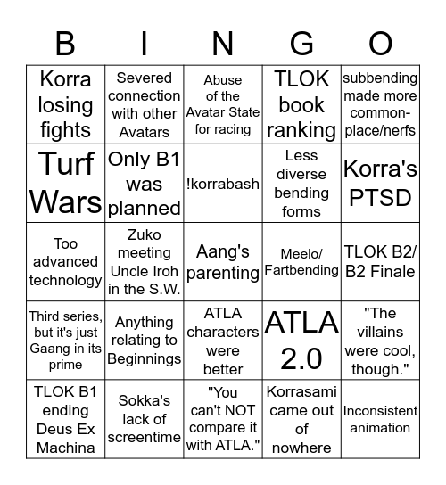 The Legend of Korra criticism Bingo Card