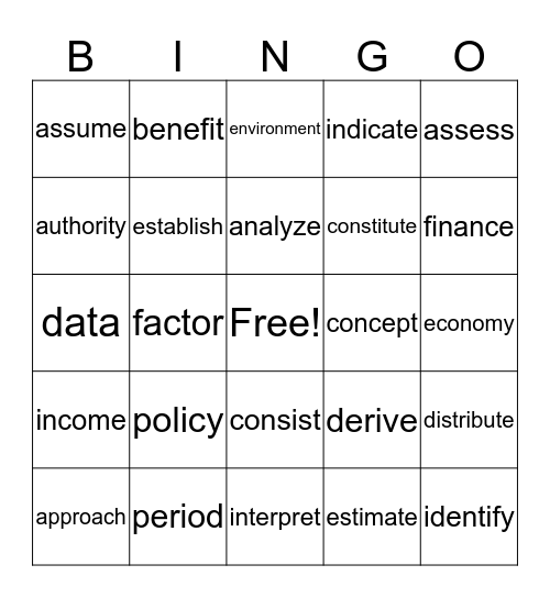 Academic Word List AWL List 1-Sets1-2 Bingo Card