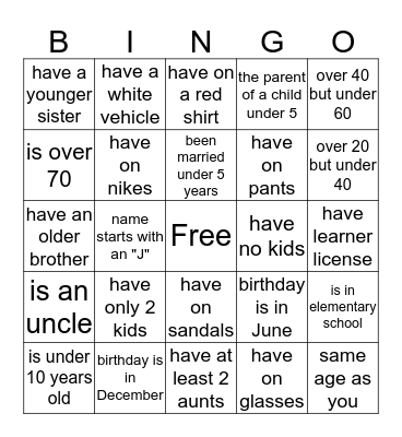 BINGO TO MEET YOU Bingo Card