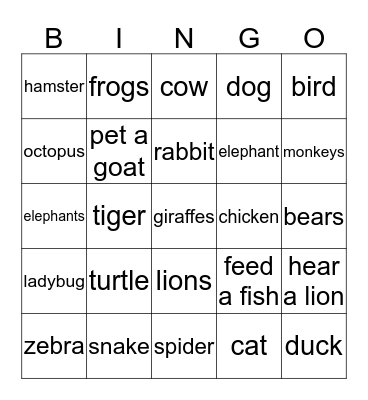 Animal  Bingo Card
