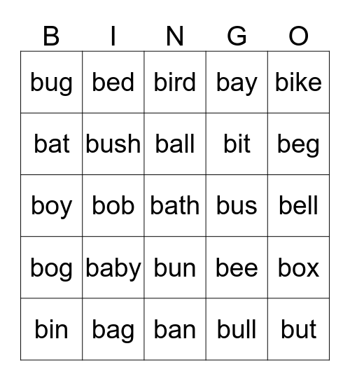 The letter Bb Bingo Card