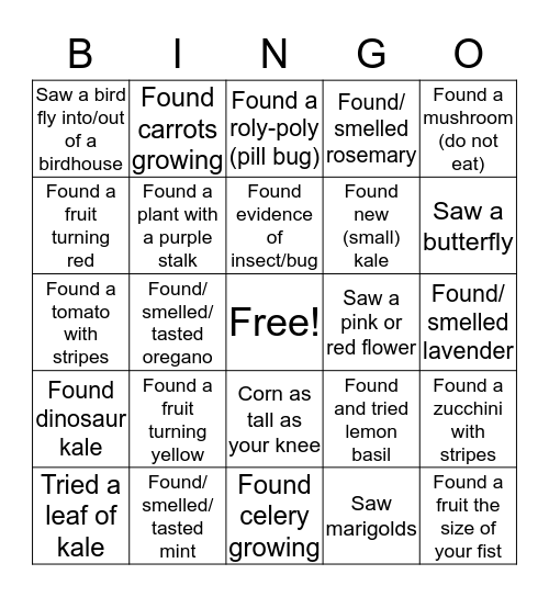 Intergenerational Garden Tour Bingo Card