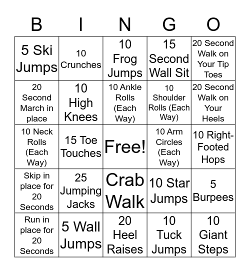 Fitness Bingo Card