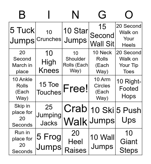 Fitness Bingo Card