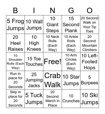 Fitness Bingo Card