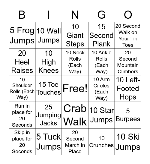 Fitness Bingo Card