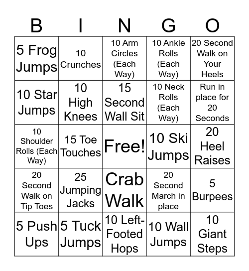 Fitness Bingo Card