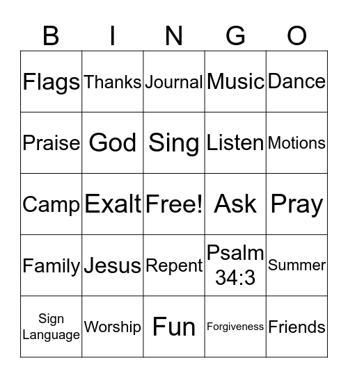 Psalm 34:3 Worship Camp Bingo Card