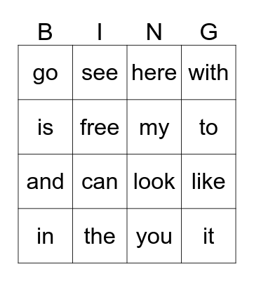 Sight Words Bingo Card