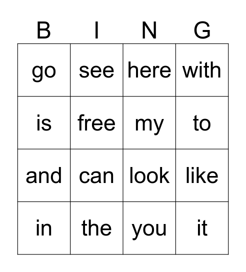 Sight Words Bingo Card