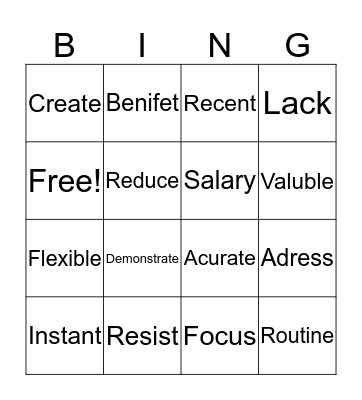 Vocabulary Words Bingo Card