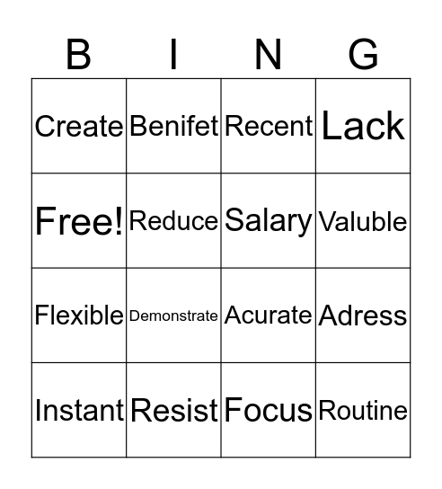 Vocabulary Words Bingo Card