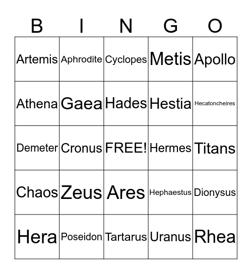 Greek Mythology Bingo Card