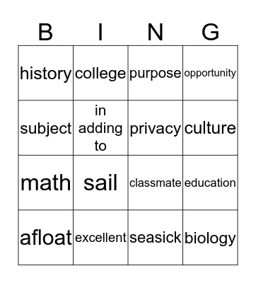 Class Afloat Bingo Card