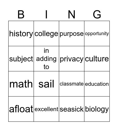 Class Afloat Bingo Card