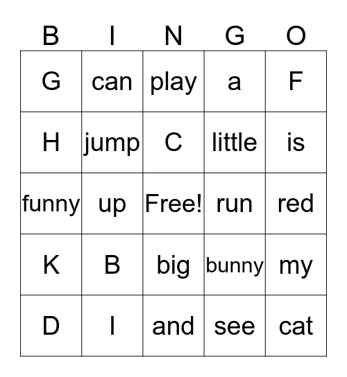 Sight Words Bingo Card