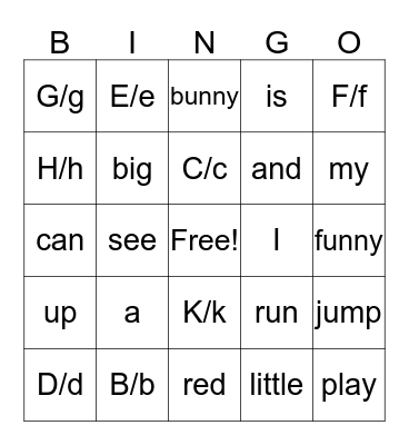 sight words Bingo Card