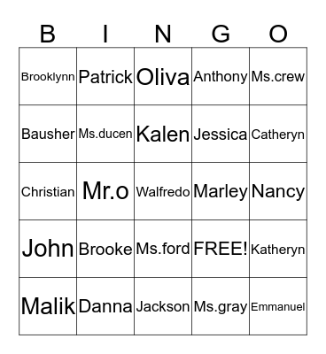 Friends names  Bingo Card