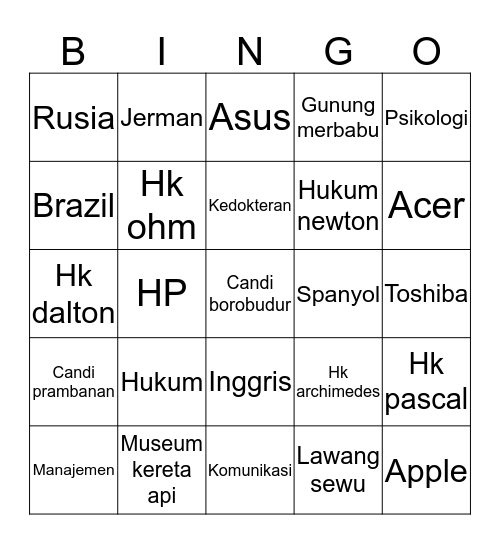 Rindu.  Bingo Card