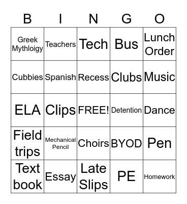 School Bingo Card