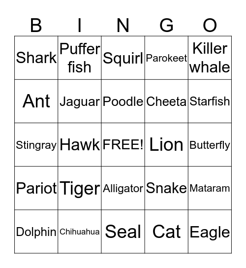 Animal Bingo Card