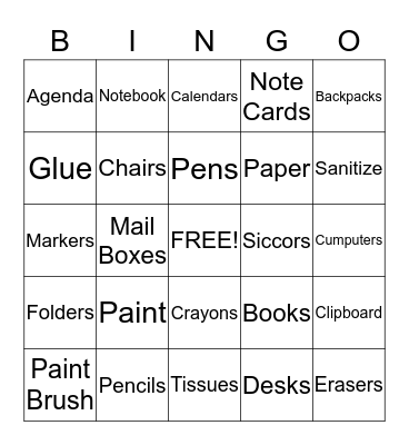 School supplies Bingo Card