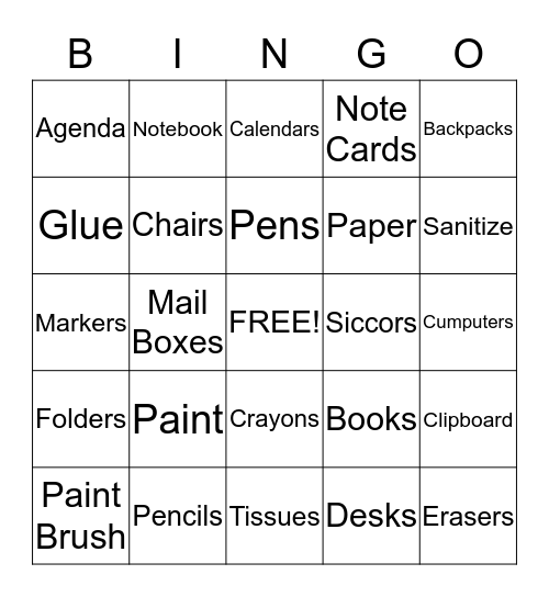 School supplies Bingo Card