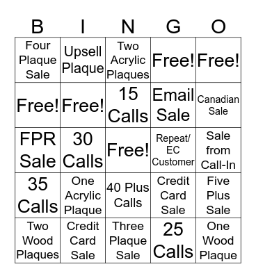 Sales Contest Bingo Card