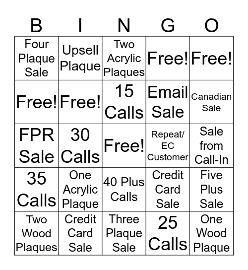 Sales Contest Bingo Card