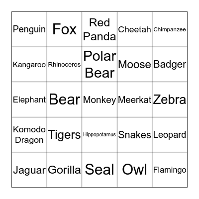 Zoo Animals Bingo Card