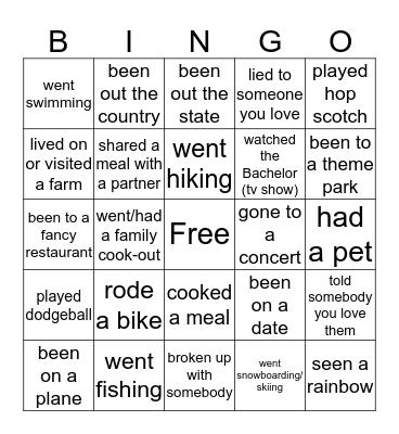 never have I ever Bingo Card