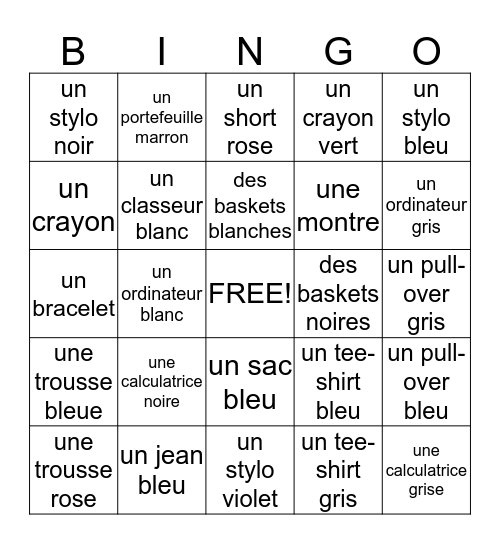 Français 1: section 3-2 Bingo Card