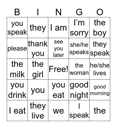 English to Spanish Bingo Card