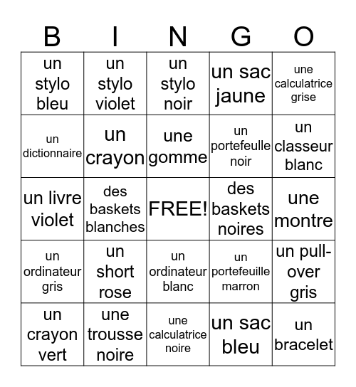 Français 1: section 3-2 Bingo Card