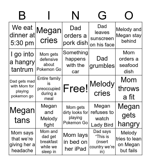 LEE FAMILY BINGO Card