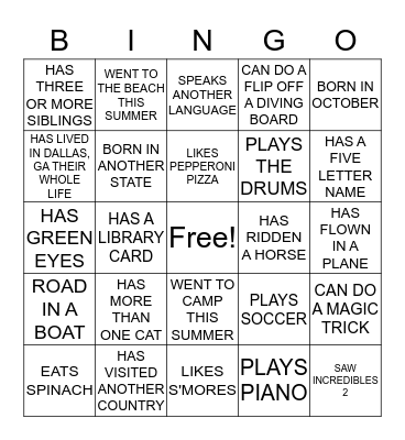 Classroom Bingo Card