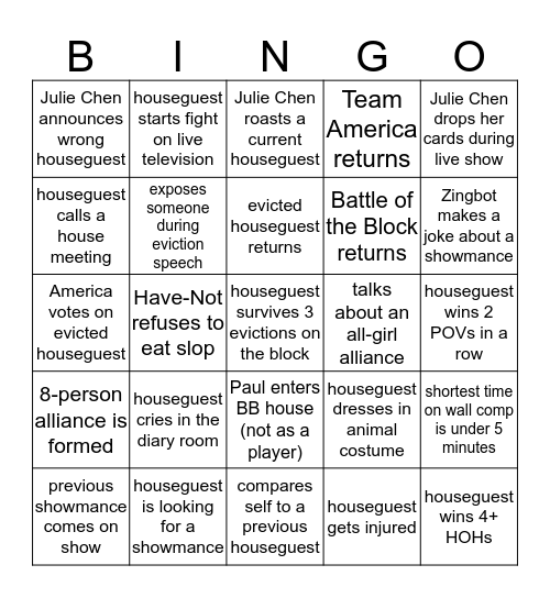 Big Brother 20 Bingo Card