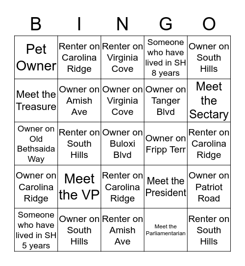 South Hills Community Bingo Card