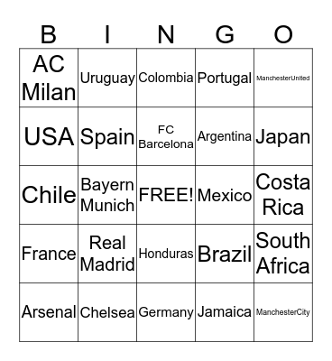 Soccer Teams Bingo Card