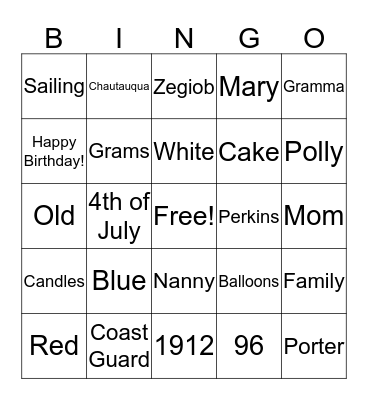 Nanny's Birthday Bingo Card