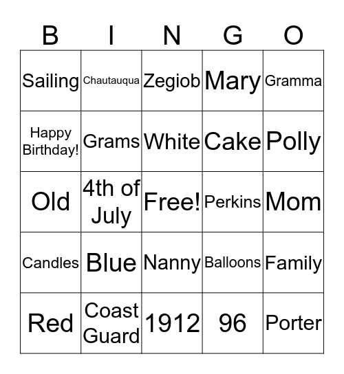 Nanny's Birthday Bingo Card
