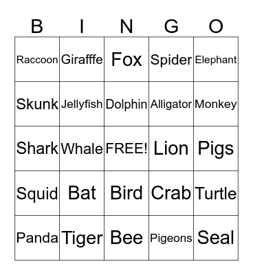 Animal Bingo Card