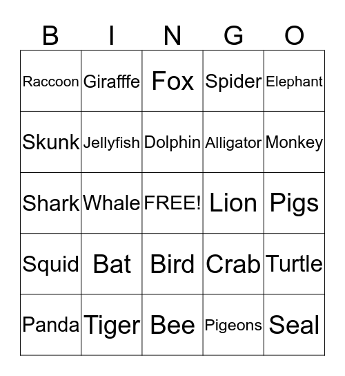 Animal Bingo Card