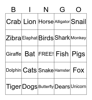 Animals Bingo Card