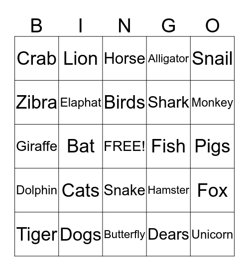 Animals Bingo Card