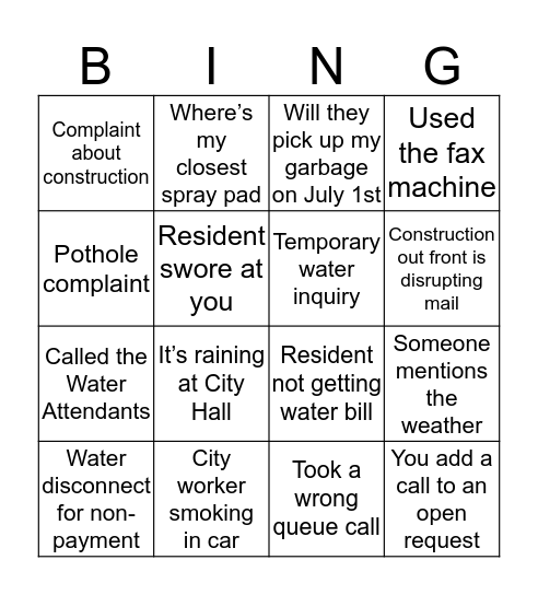 Service Regina Contact Centre Bingo Card