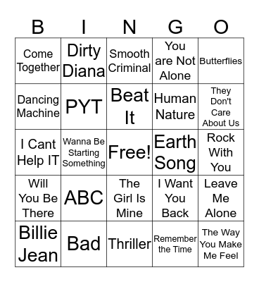 Michael Jackson Bingo Card