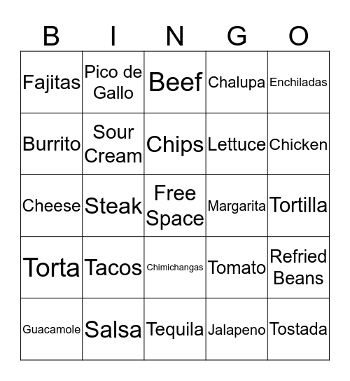 Taco Party Bingo Card